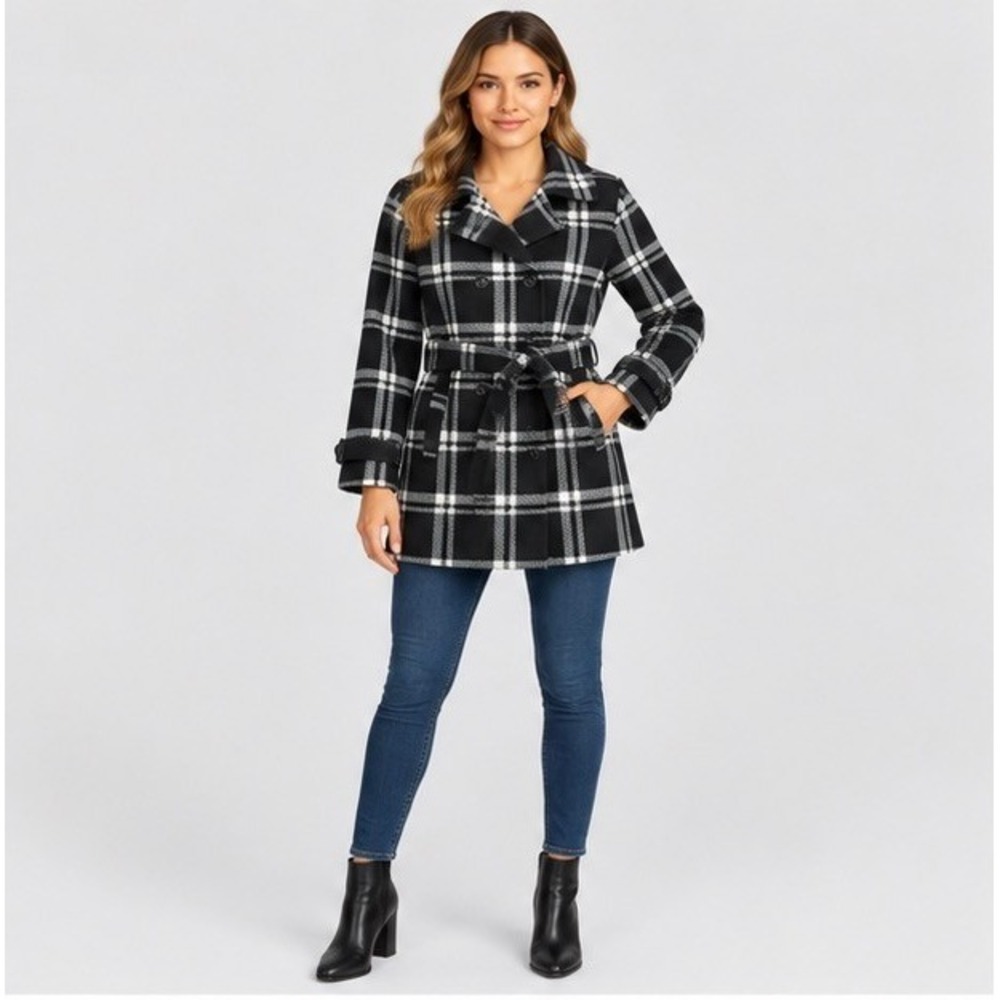 Ike Behar Womens L Black White Plaid Fleece Jacket Belted Pea Coat Office Siren